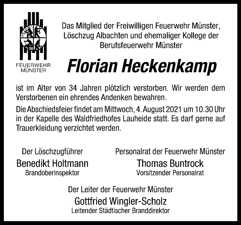  Traueranzeige für Florian Heckenkamp vom 04.08.2021 aus 