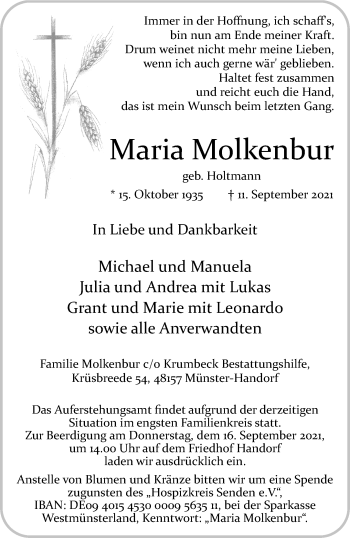 Anzeige von Maria Molkenbur 