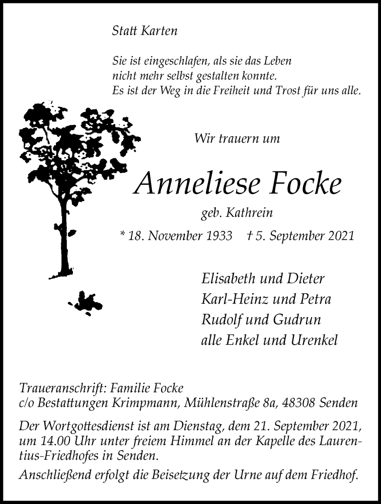  Traueranzeige für Anneliese Focke vom 11.09.2021 aus 