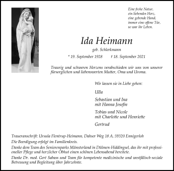 Anzeige von Ida Heimann 