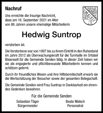 Anzeige von Hedwig Suntrop 