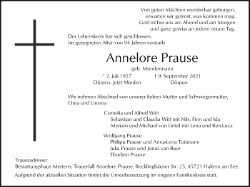 Anzeige von Annelore Prause 