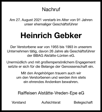 Anzeige von Heinrich Gebker 