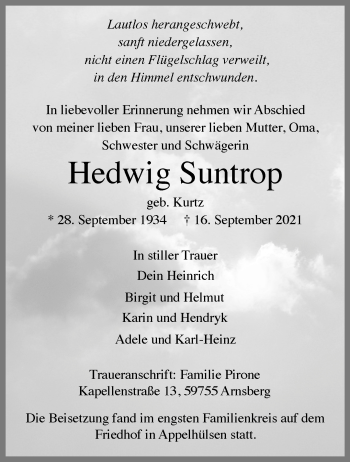 Anzeige von Hedwig Suntrop 