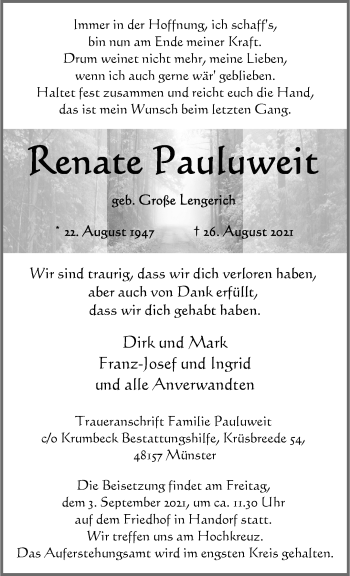 Anzeige von Renate Pauluweit 