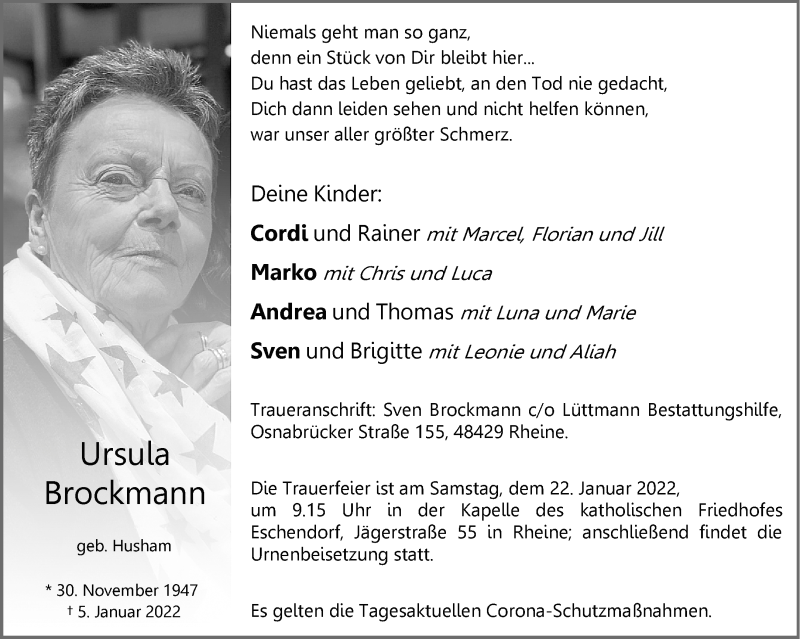  Traueranzeige für Ursula Brockmann vom 15.01.2022 aus 