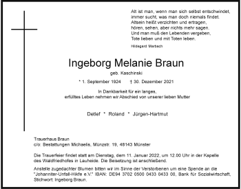 Anzeige von Ingeborg Melanie Braun 