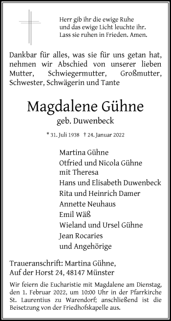 Anzeige von Magdalene Gühne 