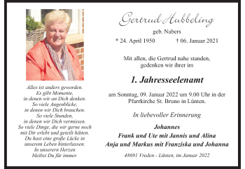 Anzeige von Gertrud Hubbeling 