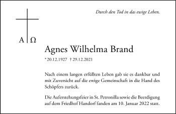 Anzeige von Agnes Wilhelma Brand 