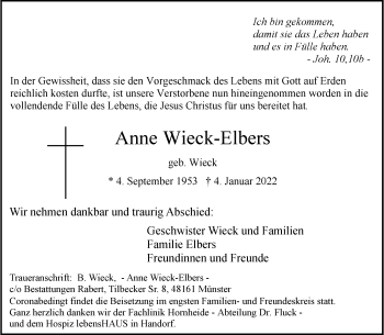 Anzeige von Anne Wieck - Elbers 