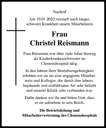 Anzeige von Christel Reismann 