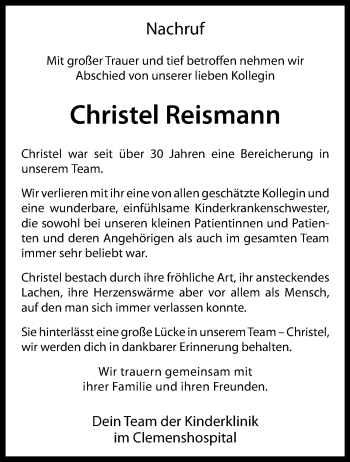 Anzeige von Christel Reismann 