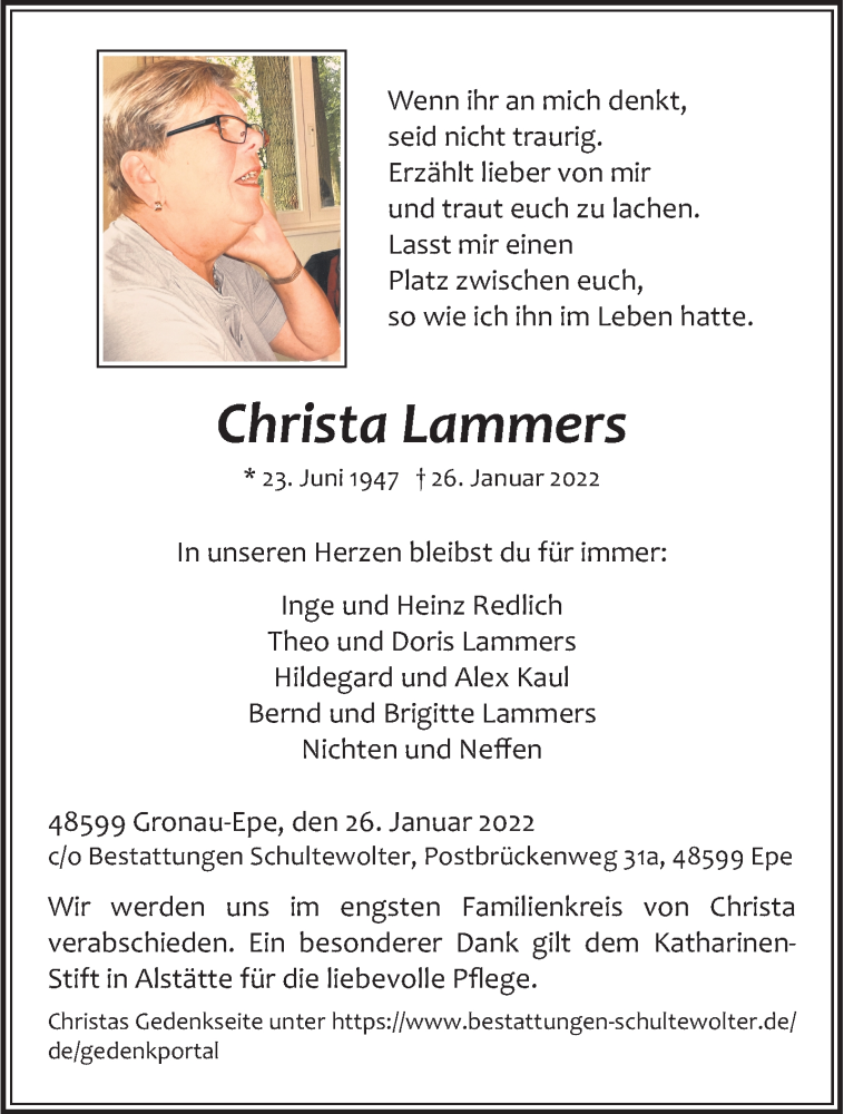  Traueranzeige für Christa Lammers vom 31.01.2022 aus 