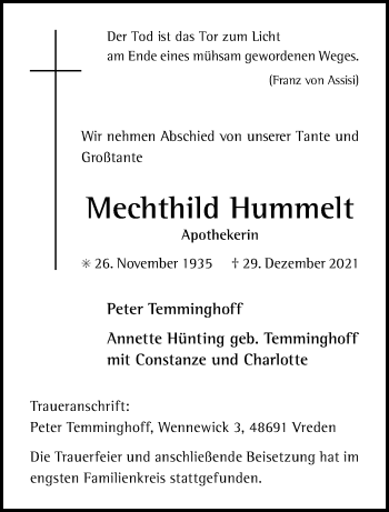 Anzeige von Mechthild Hummelt 