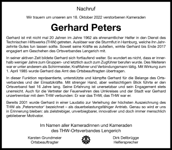 Anzeige von Gerhard Peters 