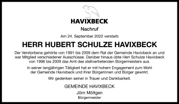 Anzeige von Hubert Schulze Havixbeck 