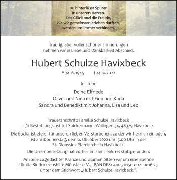 Anzeige von Hubert Schulze Havixbeck 