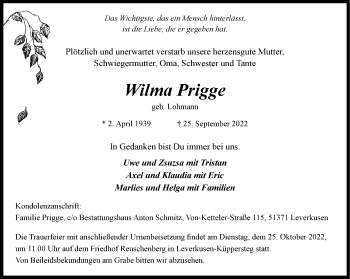 Anzeige von Wilma Prigge 