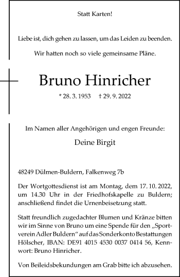 Anzeige von Bruno Hinricher 