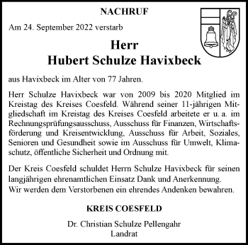 Anzeige von Hubert Schulze Havixbeck 