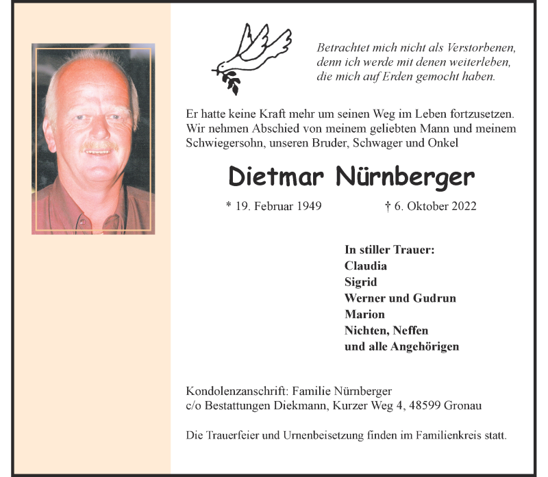  Traueranzeige für Dietmar Nürnberger vom 15.10.2022 aus 