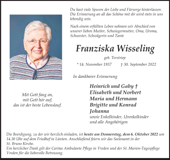 Anzeige von Franziska Wisseling 