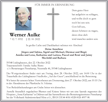 Anzeige von Werner Aulke 