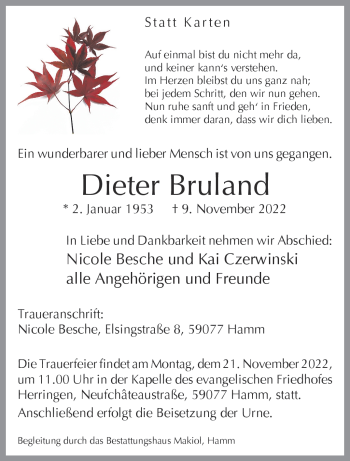 Anzeige von Dieter Bruland 