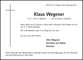 Anzeige von Klaus Wegener 