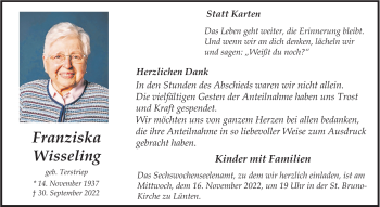 Anzeige von Franziska Wisseling 