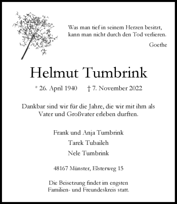 Anzeige von Helmut Tumbrink 