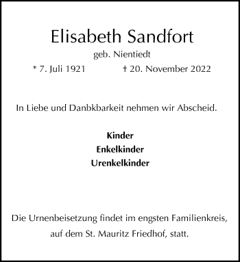 Anzeige von Elisabeth Sandfort 