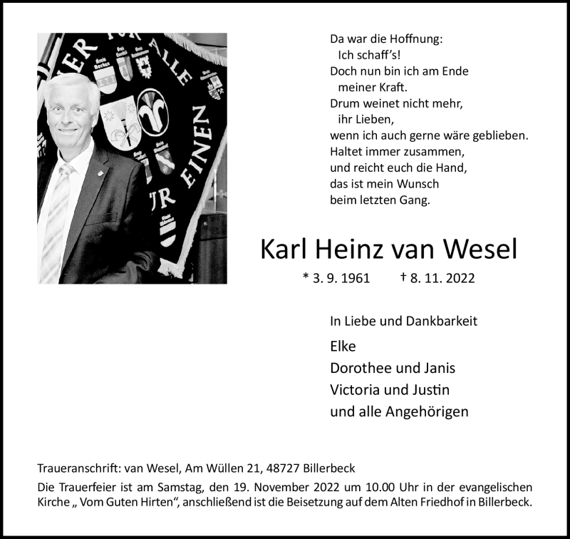  Traueranzeige für Karl Heinz van Wesel vom 12.11.2022 aus 