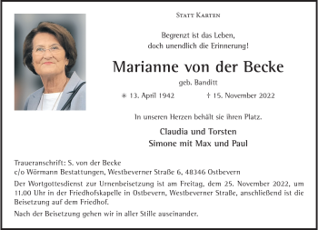 Anzeige von Marianne von der Becke 