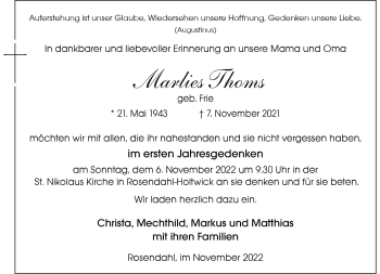 Anzeige von Marlies Thoms 