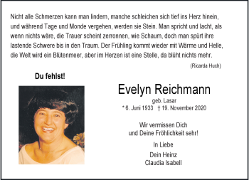 Anzeige von Evelyn Reichmann 