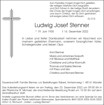 Anzeige von Ludwig Josef Stenner 