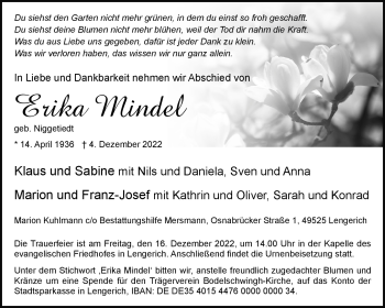 Anzeige von Erika Mindel 