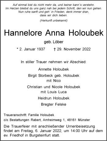 Anzeige von Hannelore Anna Holoubek 