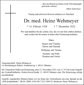 Anzeige von Heinz Wehmeyer 