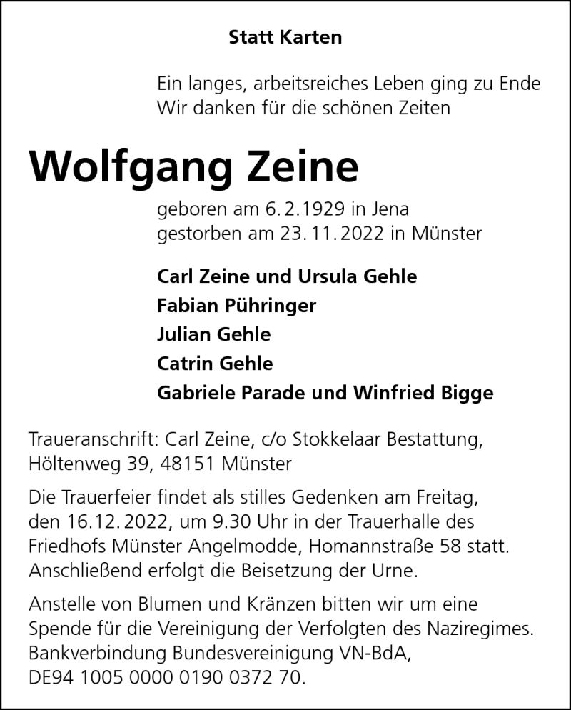  Traueranzeige für Wolfgang Zeine vom 07.12.2022 aus 