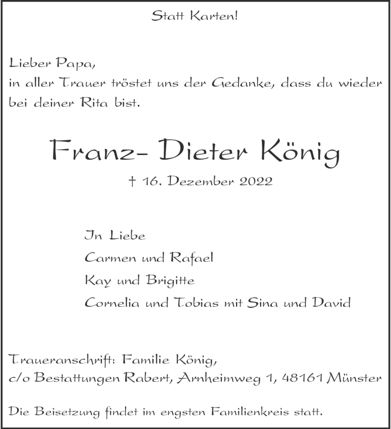  Traueranzeige für Franz- Dieter König vom 24.12.2022 aus 