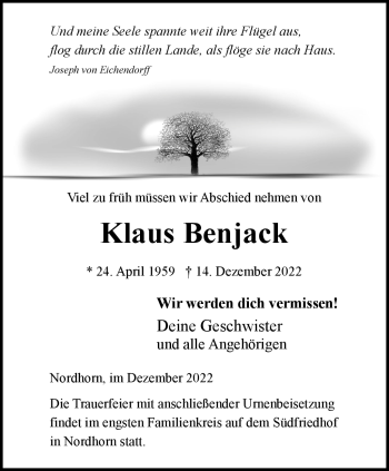 Anzeige von Klaus Benjack 