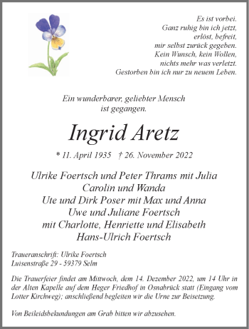 Anzeige von Ingrid Aretz 