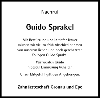 Anzeige von Guido Sprakel 