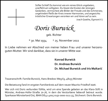 Anzeige von Doris Burwick 