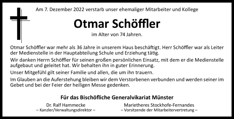 Traueranzeigen Von Otmar Schöffler | Www.trauer.ms