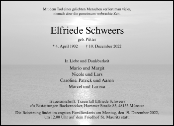 Anzeige von Elfriede Schweers 