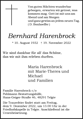 Anzeige von Bernhard Harenbrock 